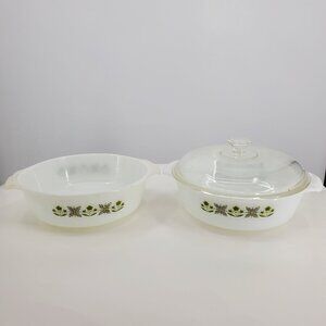 Vintage Anchor Hocking Co Meadow Green‎ Print 2 Circle Casserole Dishes